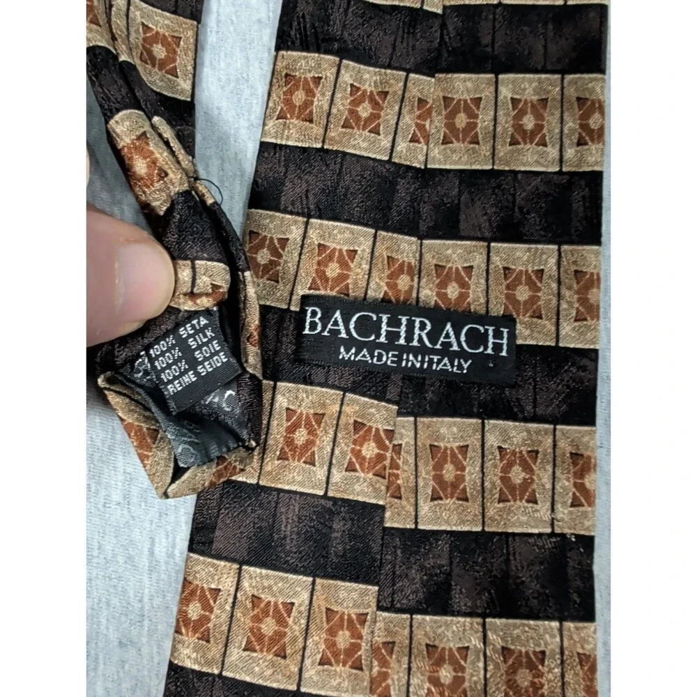 Bach Rach Tie Geometric 100% Silk Italy Brown Tones Good Condition